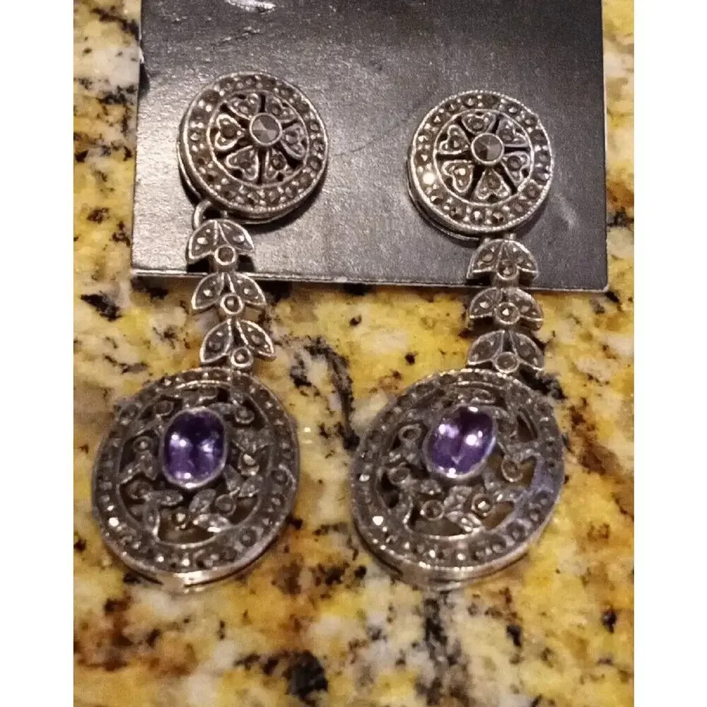 925 Silver - Vintage Victorian Amethyst & Marcasite Dangle Earrings